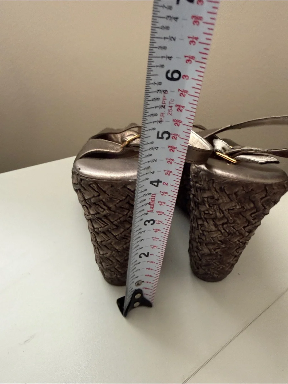 Peep-Toe Slingback Wedges in Metallic Bronze